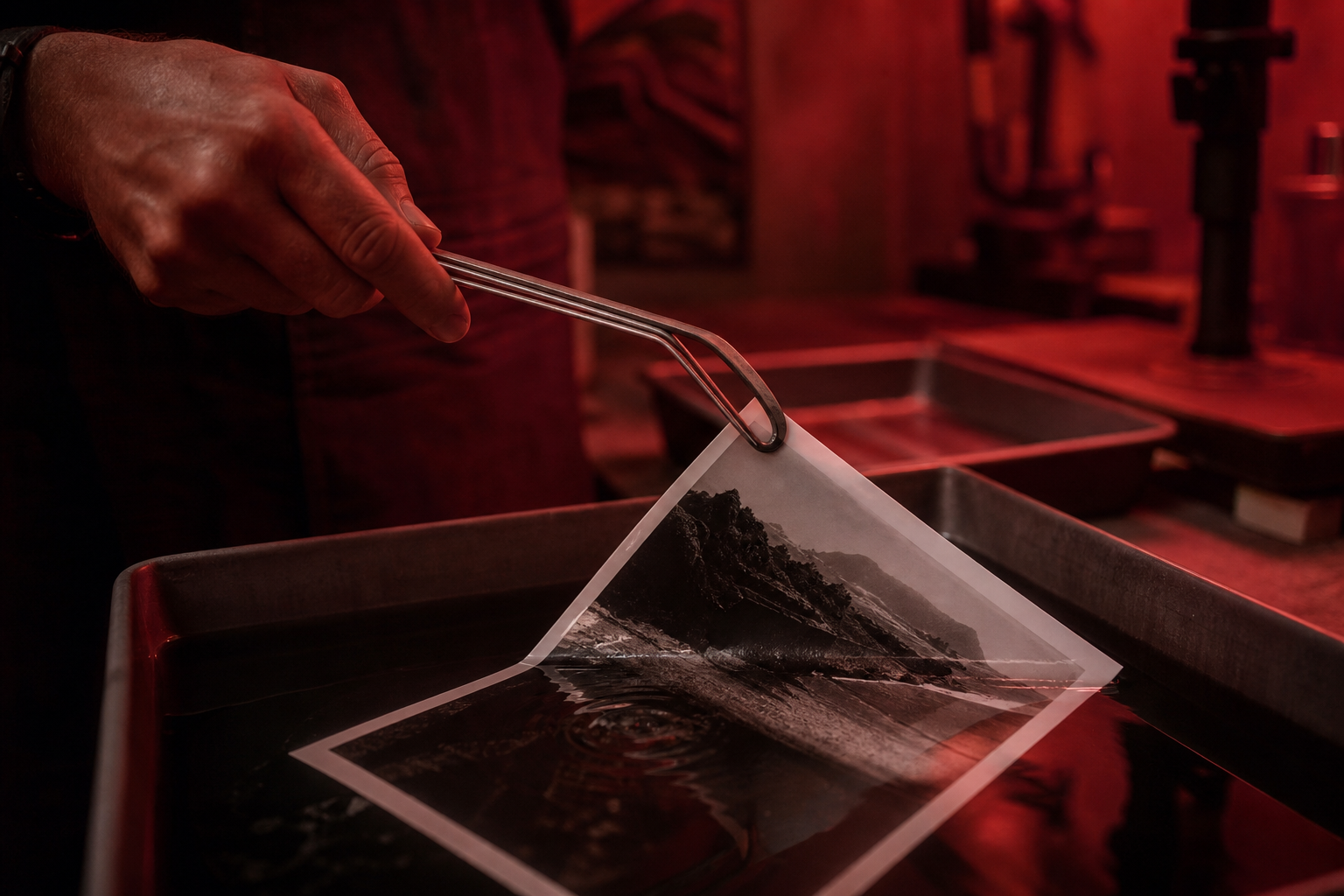 Photographe soulevant à la pince un tirage argentique dans un bain de développement au studio Cliché à Dunkerque