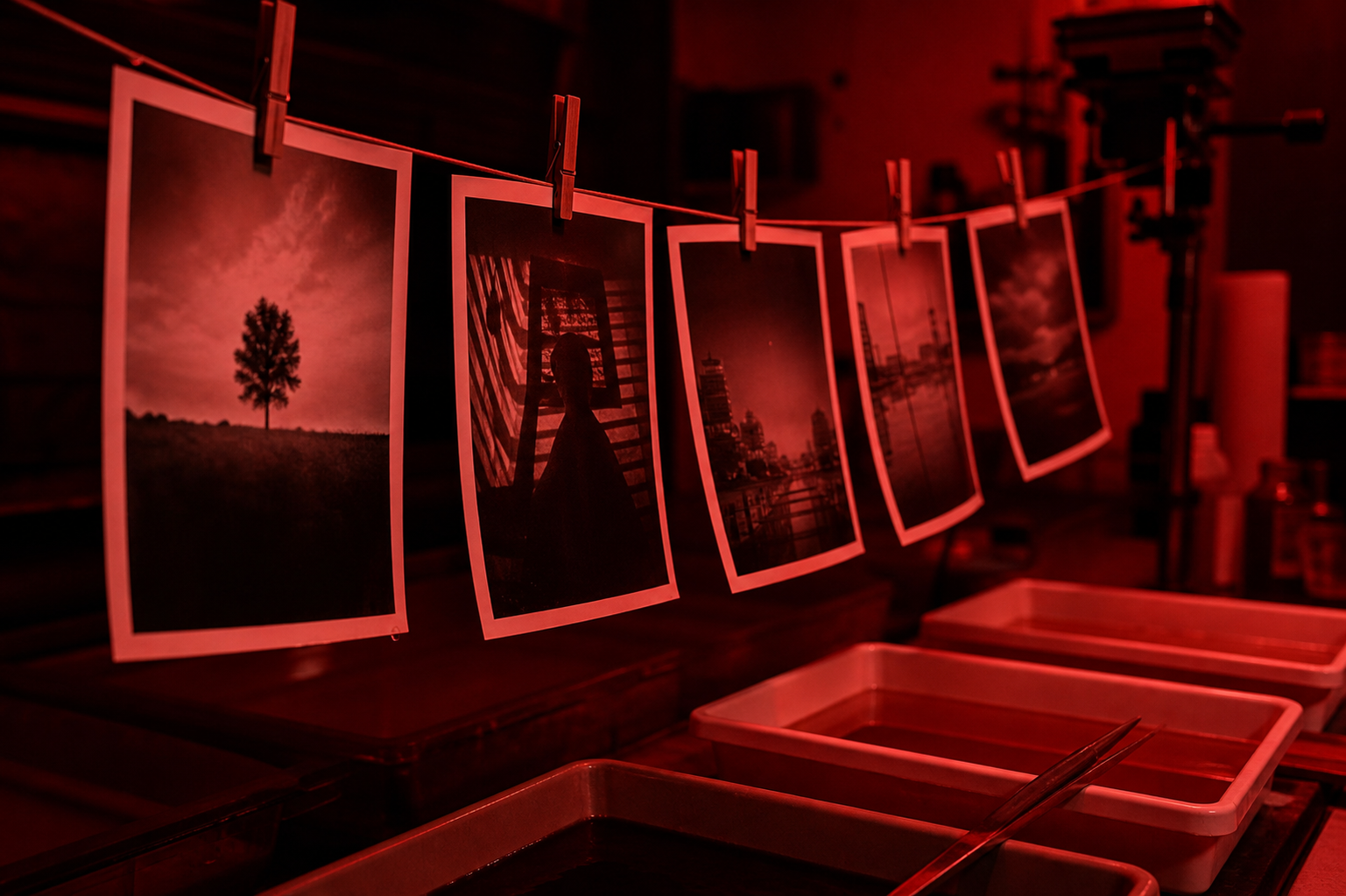 Tirages photo argentiques suspendus à sécher dans la chambre noire du studio Cliché