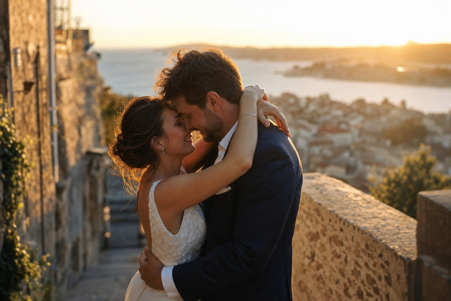 Photographe de mariage capturant un couple à la lumière dorée du soir près de Dunkerque